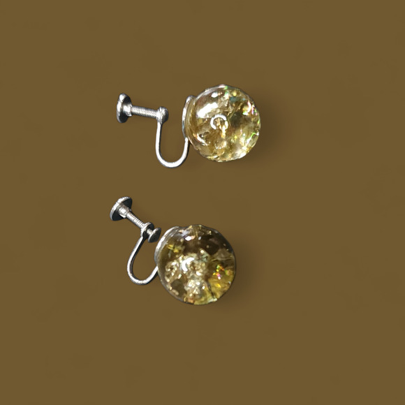 Vintage round yellow clear glass screw back earrings silver-tone - Picture 1 of 5